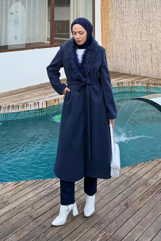 Fur Collar Coat Navy Blue