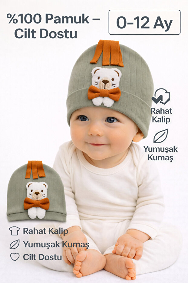 0-12 Months Baby Beanie Hat with Teddy Bear Bow Detail, Soft 100% Cotton Unisex, Flexible and Comfortable