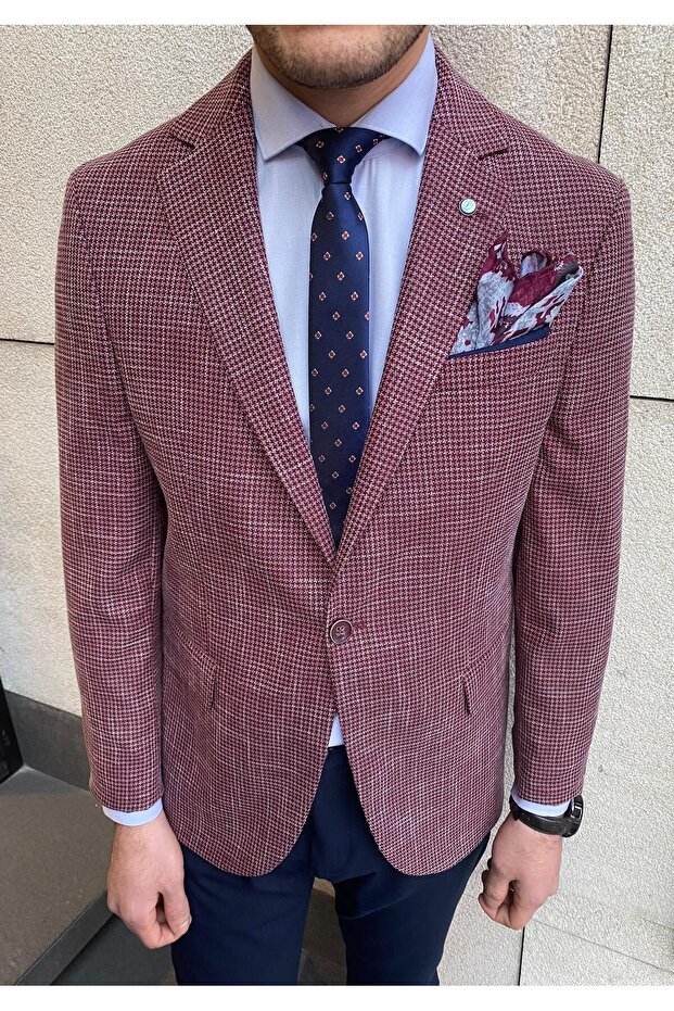 Gomez Men's Burgundy Dobby Polyviscose Fabric Slim Fit Sports Blazer Jacket