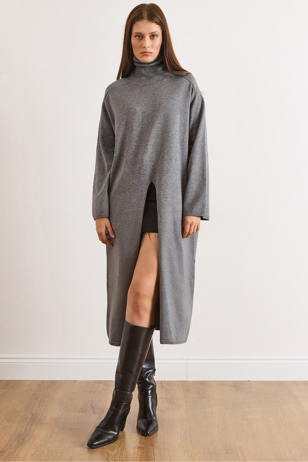Women's Smoked Turtleneck Slit Maxi Cap Tunic Tnk-19000105