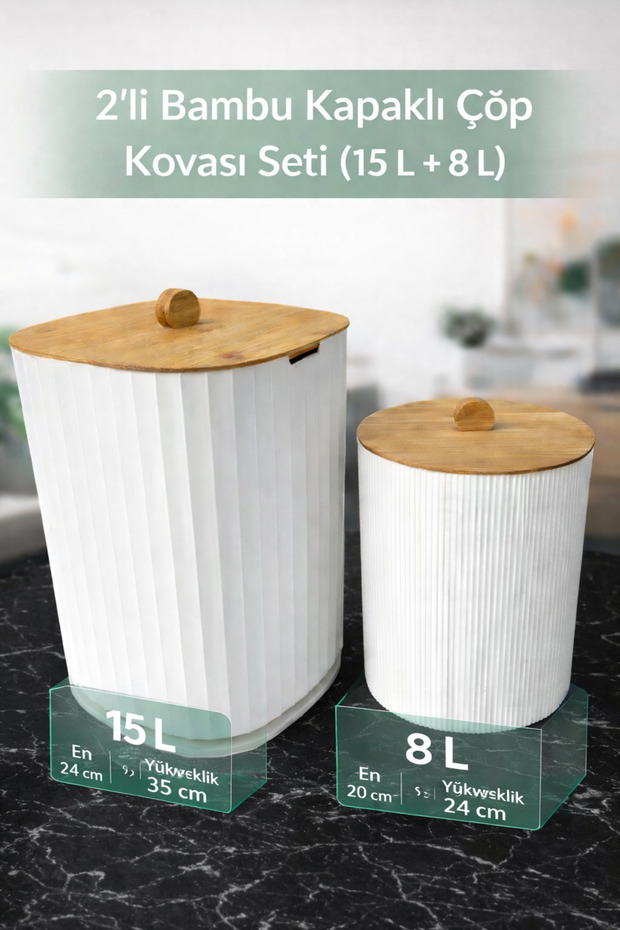 2’li Bambu Kapaklı Çöp Kovası Seti (15 L + 8 L) - 1