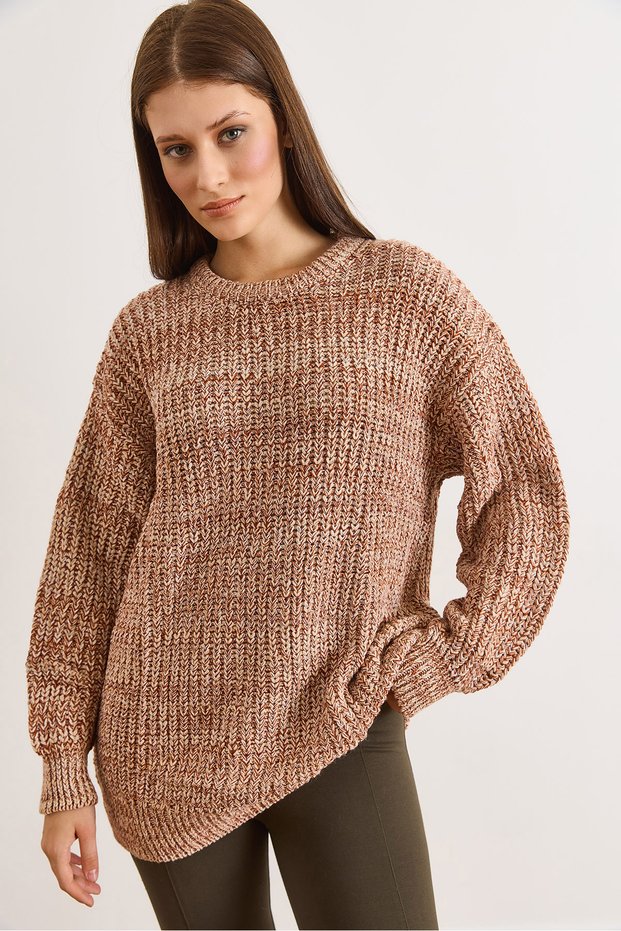 Women's Camel Crew Neck Slouchy Knit Sweater Kzk-19001121