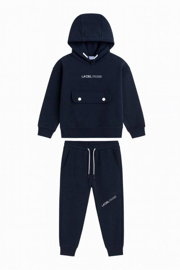 Navy Blue Kangaroo Pocket Children's Tracksuit Set - Hooded Laciel Paris Printed Set Sports Combination