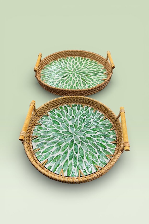 2-Piece Pearlescent Glass Rattan Tray Brown 27cm and 24cm