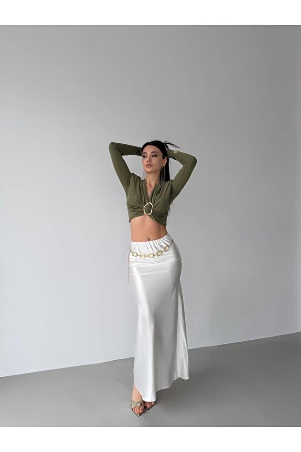 Women's Diver Fabric Buckled Shoulder Pad Piece Crop Blouse