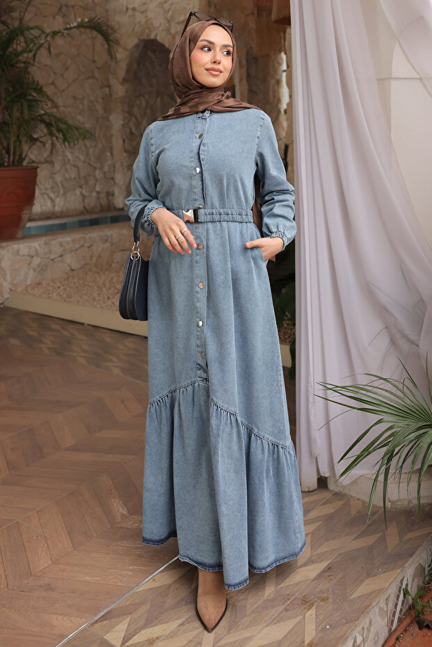 Blue Buttoned Denim Dress with Elastic Waistband
