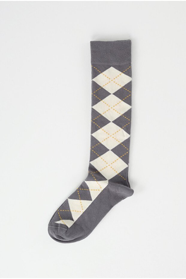 Baklava Pattern Knee Socks Grey-Ecru - 3