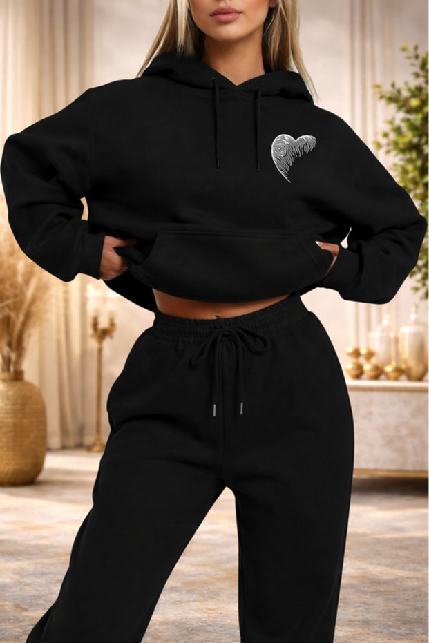 Unisex Minimal Heart Detailed Hooded Sweatshirt & Jogger Tracksuit Set