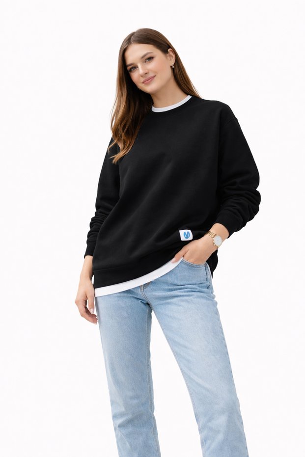 Women's Black Basic Oversized Sweatshirt | 3 Yarns Sh Fleece-Lined 100% Cotton Thick Winter