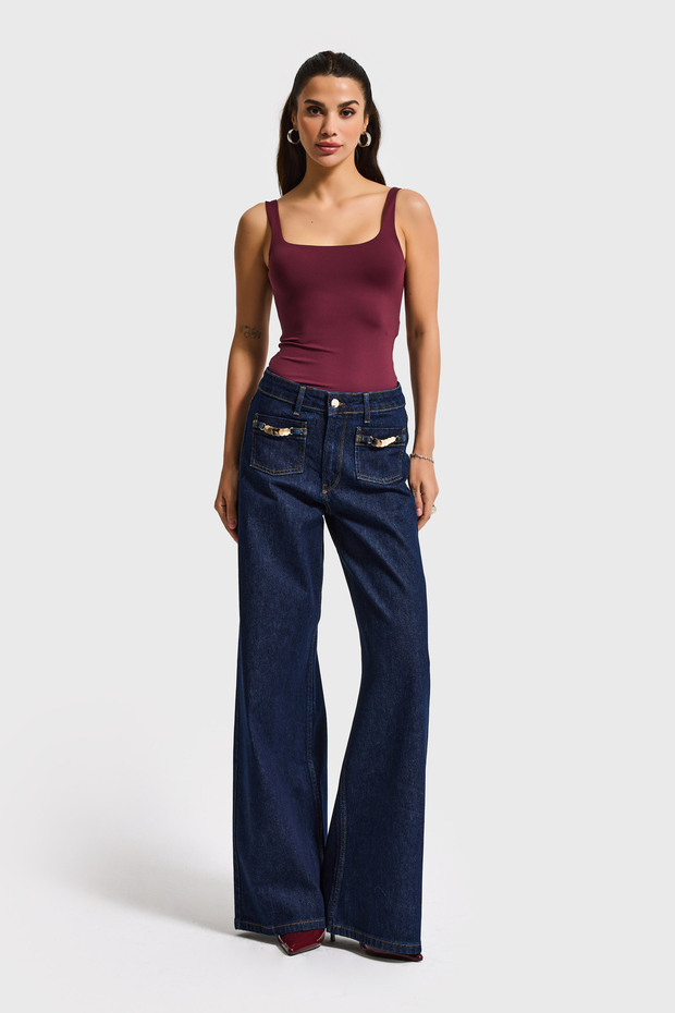 Women's Indigo 7s6-50 Midrise Wide Leg Fit Viscose Fabric Accessory Detail Denim Jeans