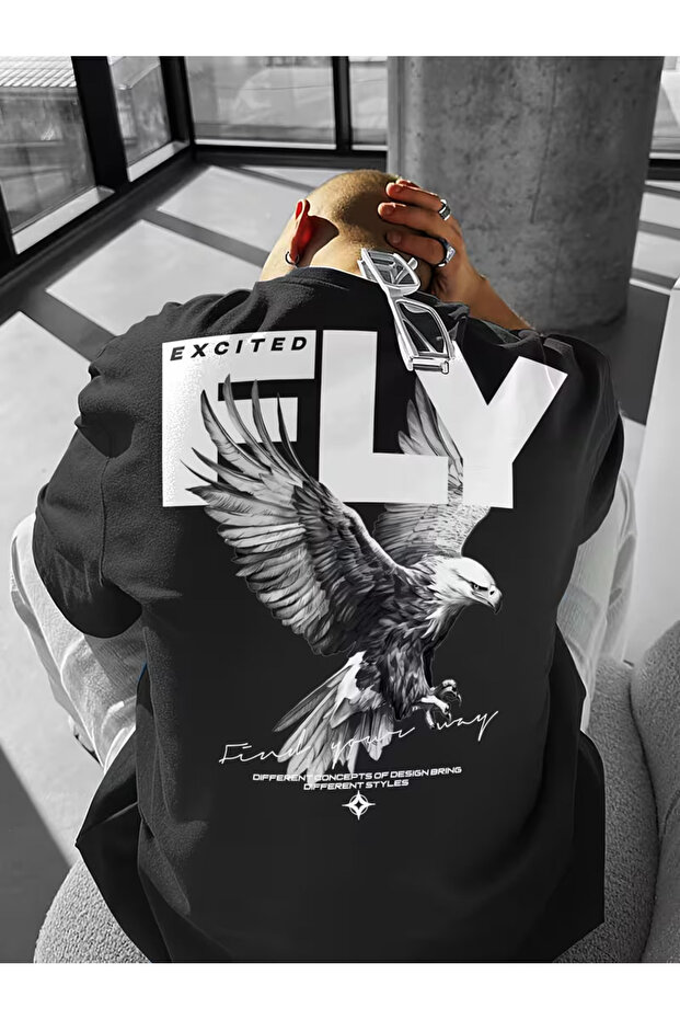 Unisex Sırt Kartal Printed Oversized Tshirt