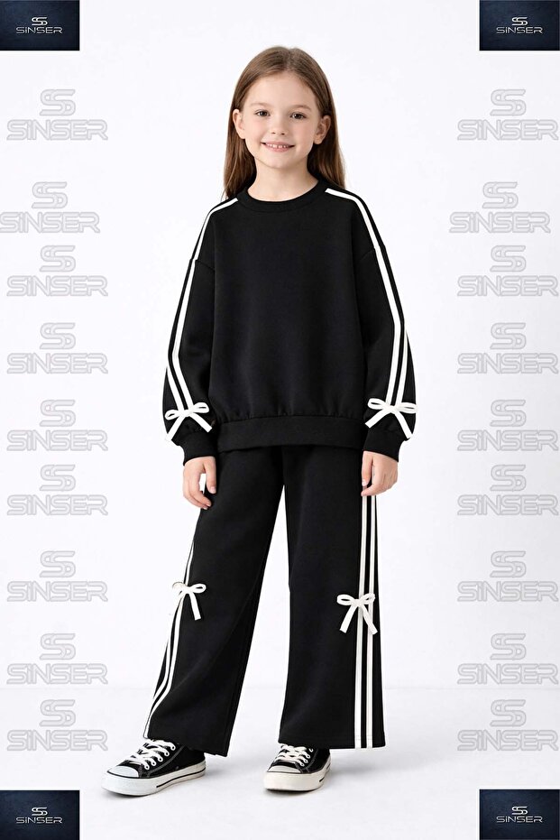 Bow-Tie Striped Crew Neck Ribbon Girls' Tracksuit Set Studio
