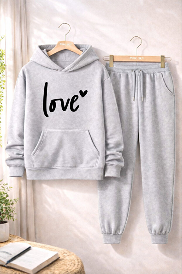 Unisex Love Printed Hooded Sweatshirt & Jogger Tracksuit Set