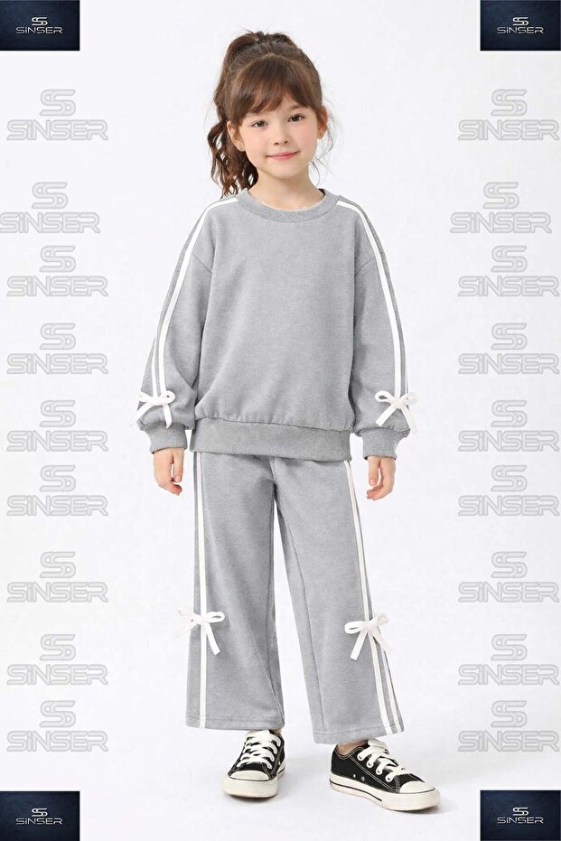 Girls' Bow Stripe Crew Neck Ribbon Tracksuit Set Mdl26