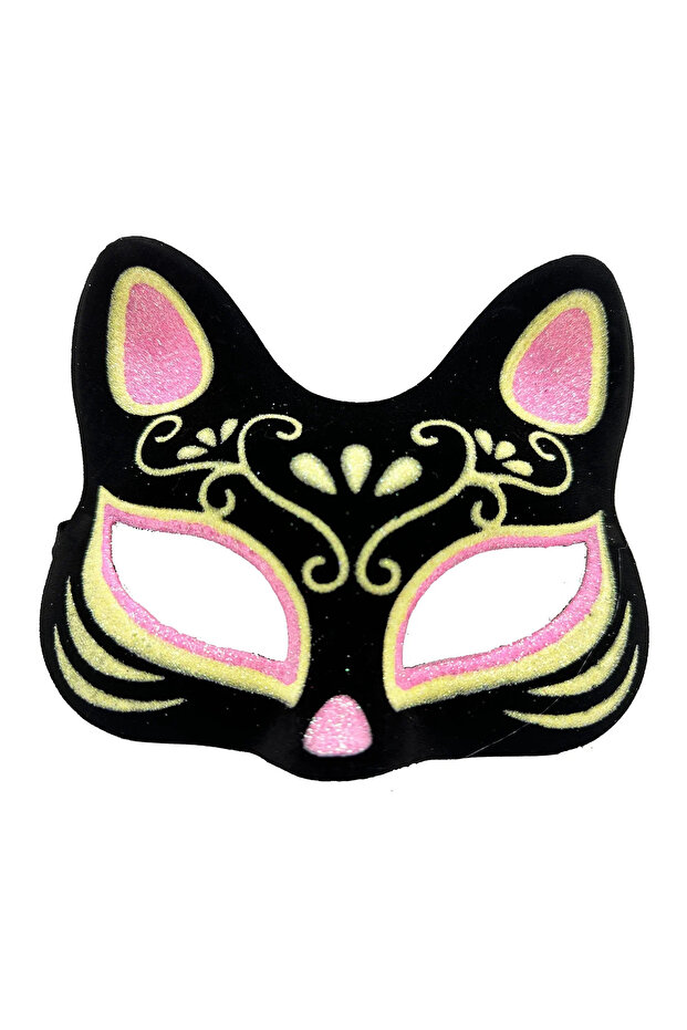 Pink Yellow Glitter Cat Mask with Black Color Suede Coating 17x14 Cm