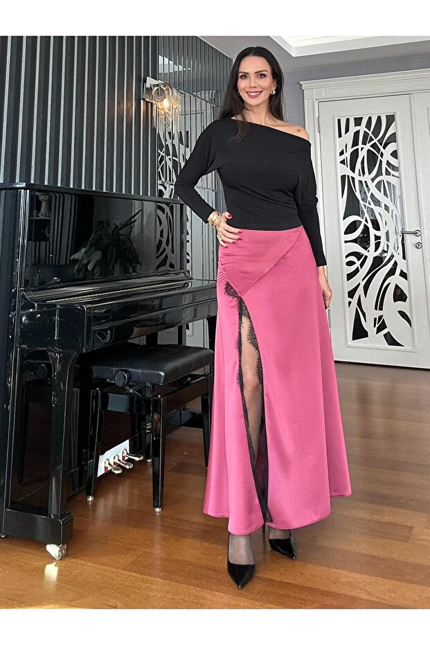 Burgundy Slit Lace Long Satin Skirt