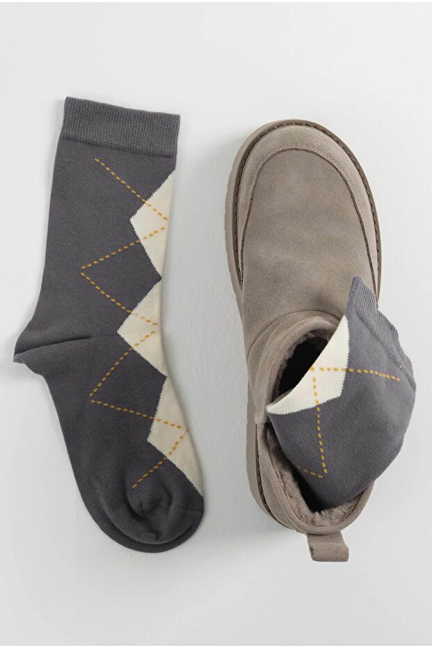 Baklava Pattern Socks Grey-Ecru - 1