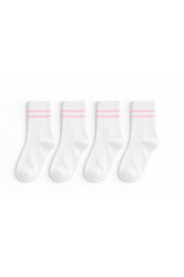 Set of 2 Girls' Cotton Daily Socks – Plain White with Pink Stripes Design, Soft Texture and High Quality