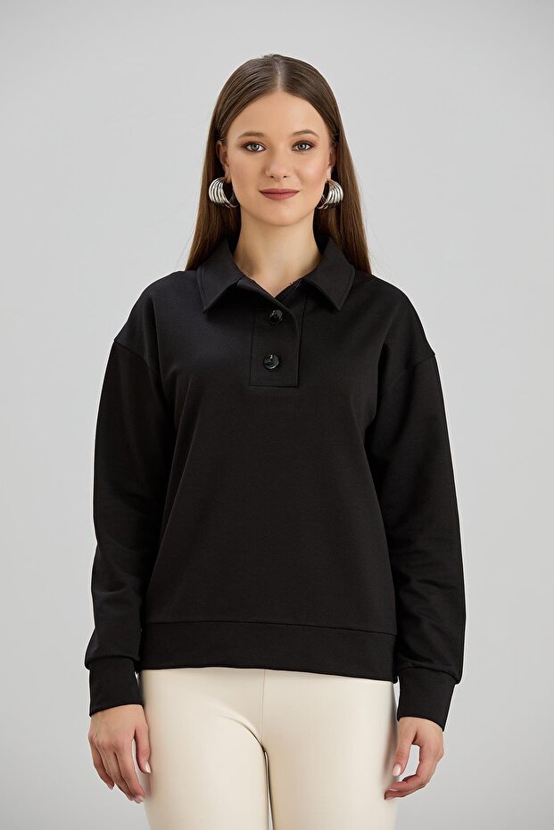 Two-Thread Black Sweatshirt with Wide Placket - 1
