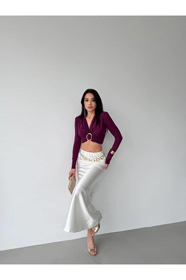 Women's Diver Fabric Buckled Shoulder Pad Piece Crop Blouse