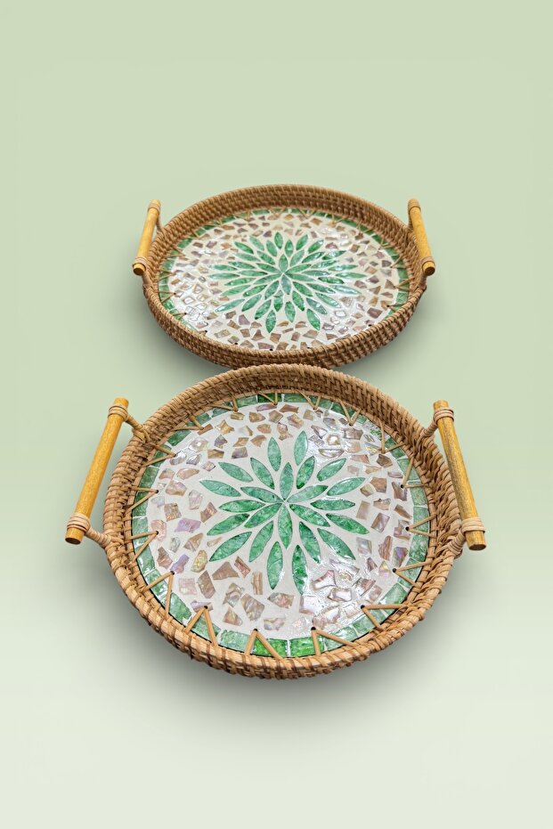 2-Piece Pearlescent Glass Rattan Tray Brown 27cm and 24cm