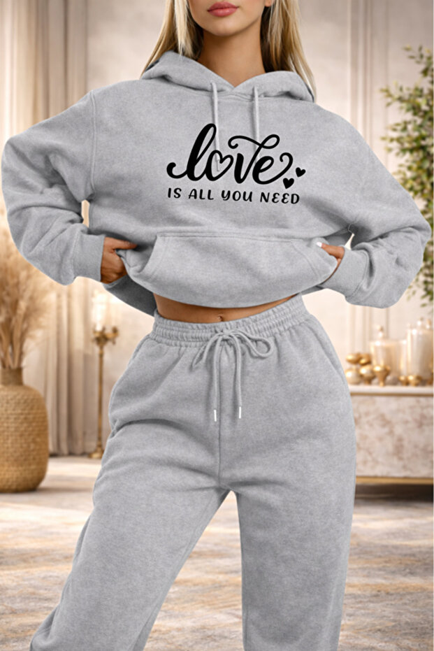 Unisex Love Is All You Need Printed Hooded Sweatshirt & Jogger Tracksuit Set