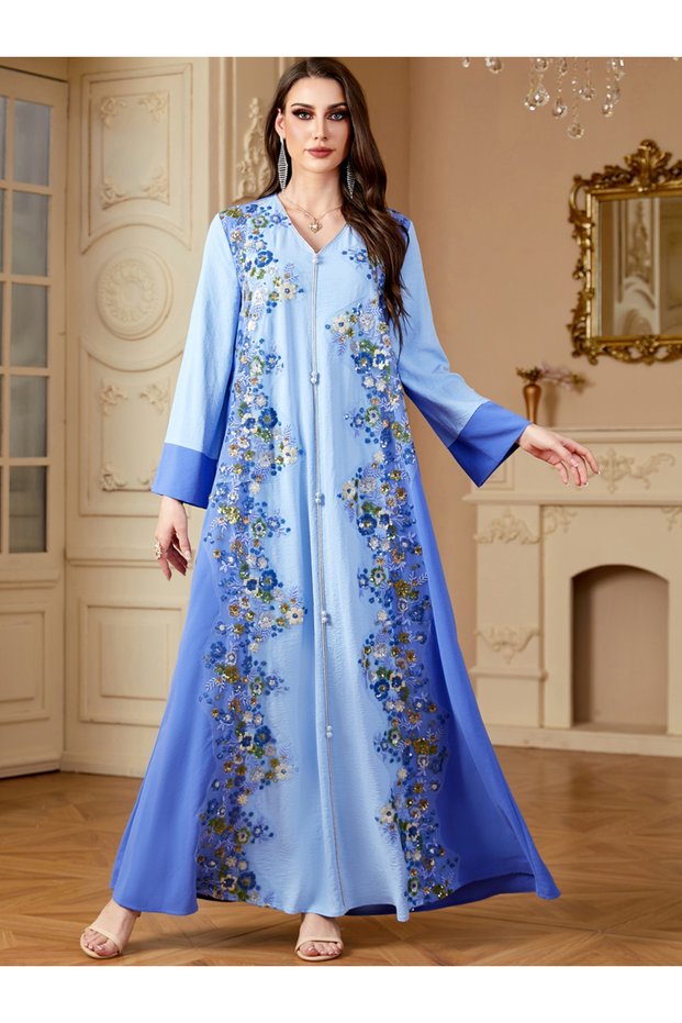 Women Blue Flower Detail V-Neck Jalabiya