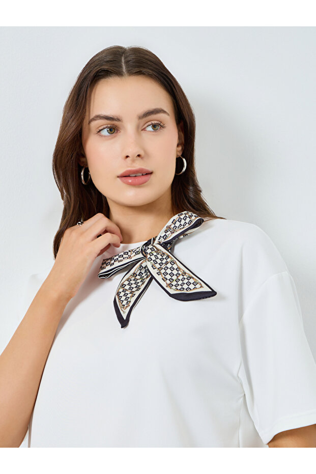 Women White Oversized T-Shirt with Neck Scarf