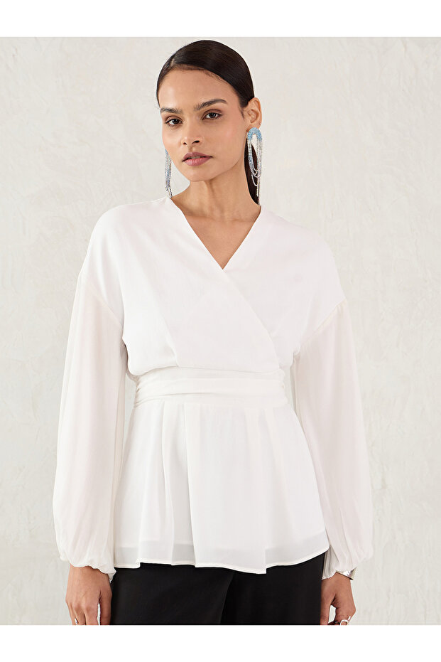 Women White Balloon Sleeve Wrap Top