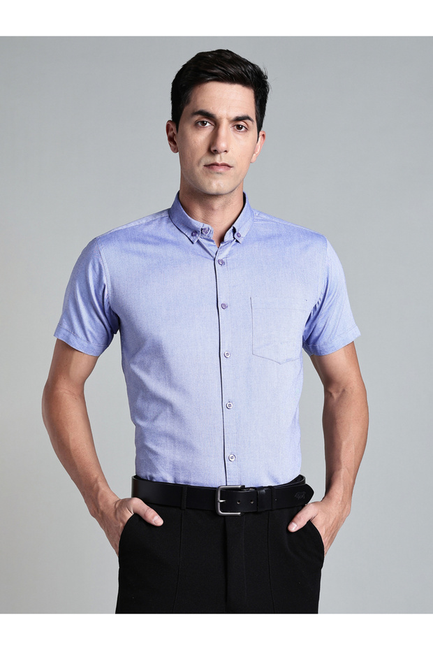 Men Blue Short Sleeve Oxford Shirt