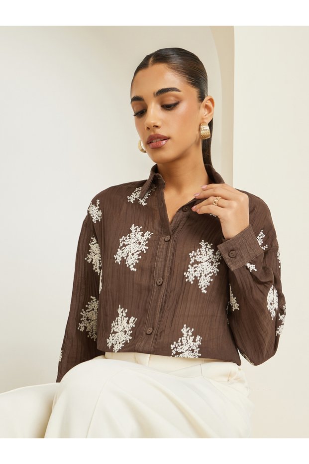 Women Brown Embroidered Long Sleeve Shirt