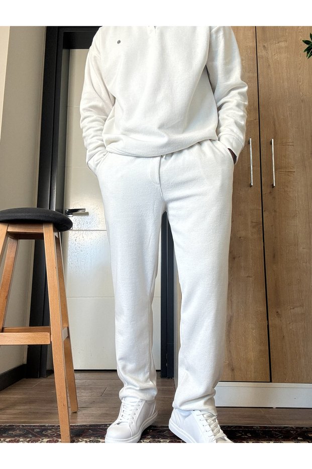 Men's Baggy Polo Neck Corded Fabric Sweatshirt Sweatpants Winter Bottom Top Set