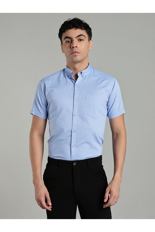 Men Blue Short Sleeve Oxford Shirt