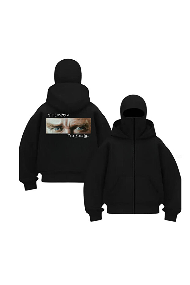 Atatürk Series Printed Unisex Hooded Zippered Oversized Black Sweatshirt with Balaclava