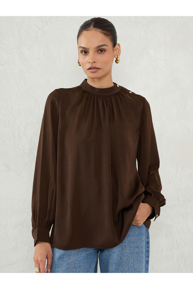 Women Brown Satin Long Sleeve Top