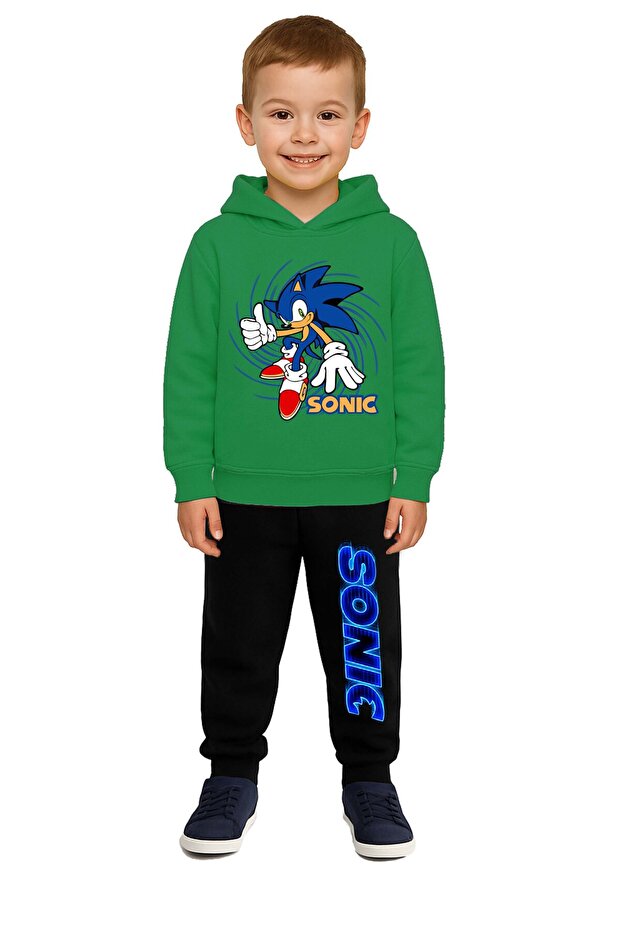 Sonic Printed Children's Tracksuit Set 3 Thread Ş Fleece-Lined Cotton Fabric Hooded
