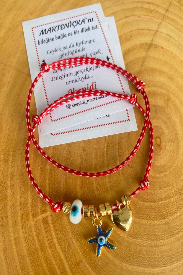 2-Piece White Glass Bead Dark Blue Star and Gold Figured Marteniçka Lucky Bracelet