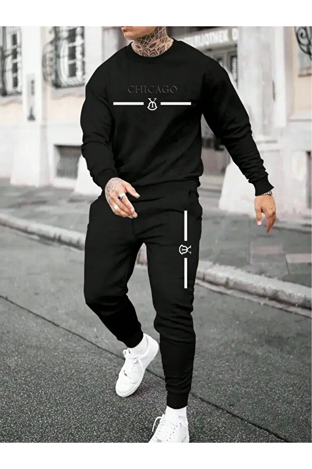 Chicago Letter Printed Crew Neck Top and Jogger Bottom Tracksuit Set