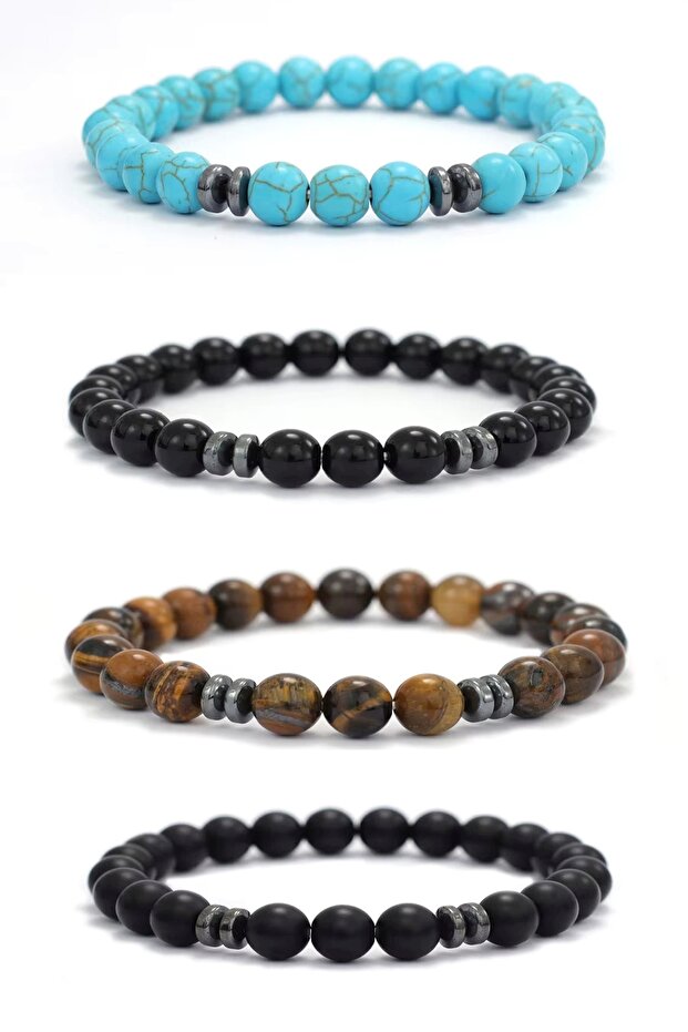 Set of 4 Tiger's Eye-Turquoise-Onyx Bracelet Set