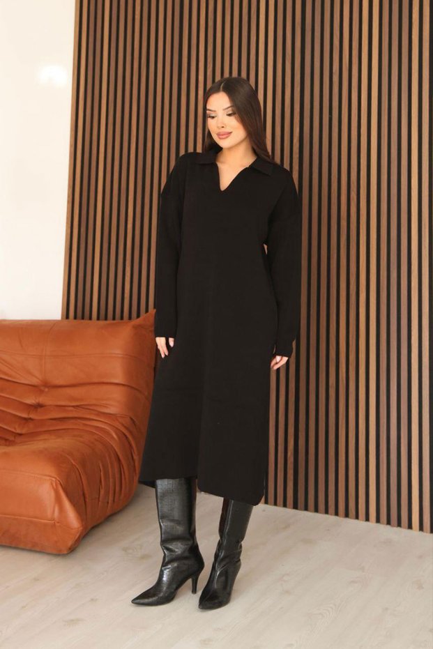 Women's Black Polo Collar Midi Length Knitwear Dress