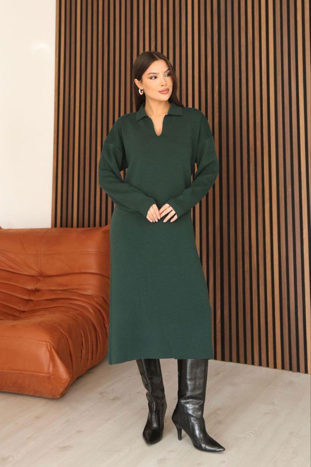 Women's Emerald Green Polo Collar Midi Length Knitwear Dress