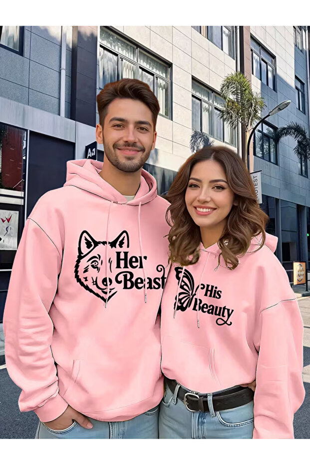 طقم هودي للزوجين من نوع Dear Couple Combination Hoodie Set His Beauty Her Beast مطبوع للجنسين قصة فضفاضة 3 Thread