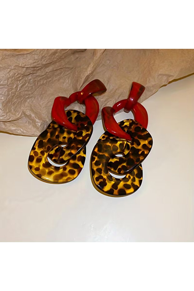 أقراط متدلية حمراء بنمط الفهد مرصعة بالراتنج - 5