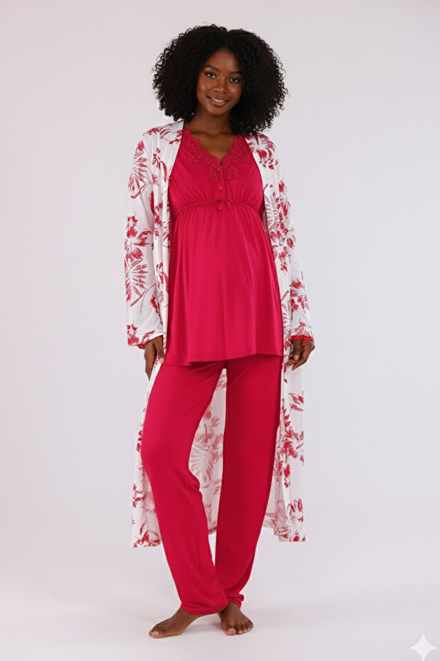 Cherry Pattern Dressing Gown Lace Detailed Dressing Gown Maternity Pajama Set