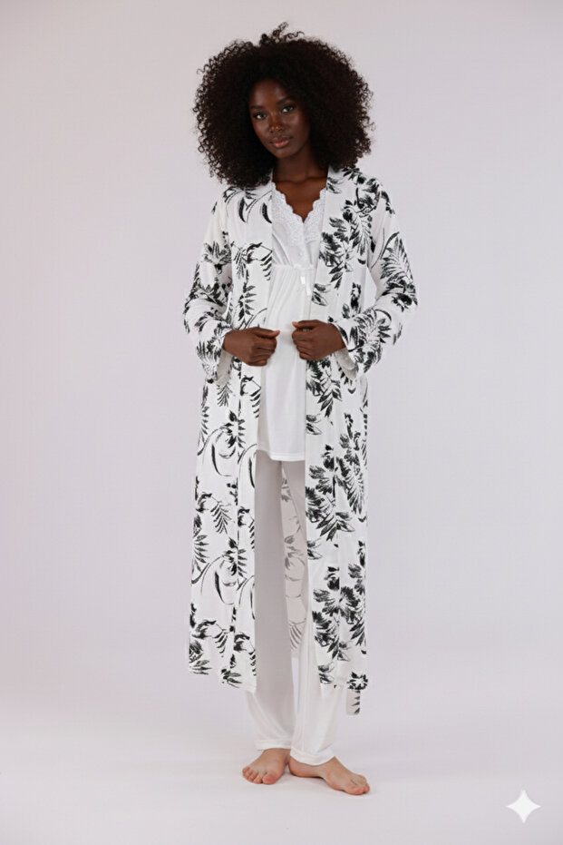 Ecru Patterned Dressing Gown with Lace Detail Maternity Pajama Set