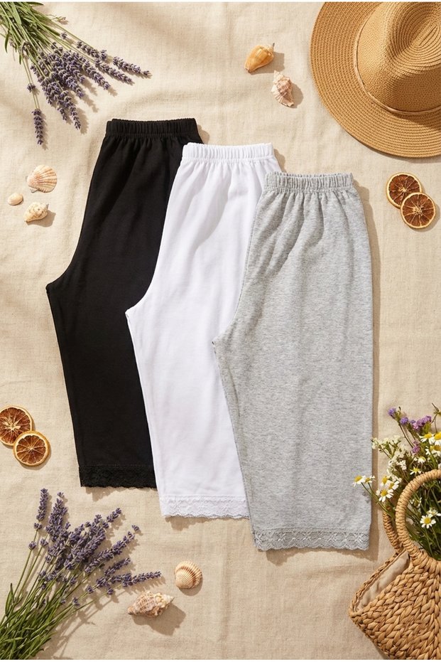 Women's 3-Pack Lace Trim Combed Cotton Shorts Short Leggings Set Summer Elastic Waist