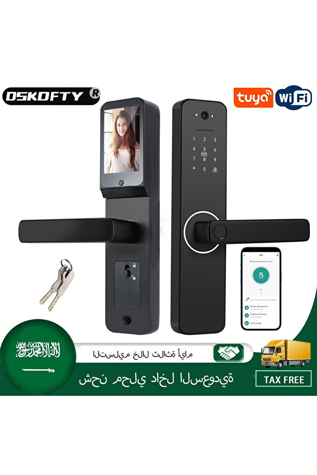 قفل باب ذكي رقمي من نوع Tuya مزود بكاميرا وكاميرا، يعمل بتقنية الواي فاي.