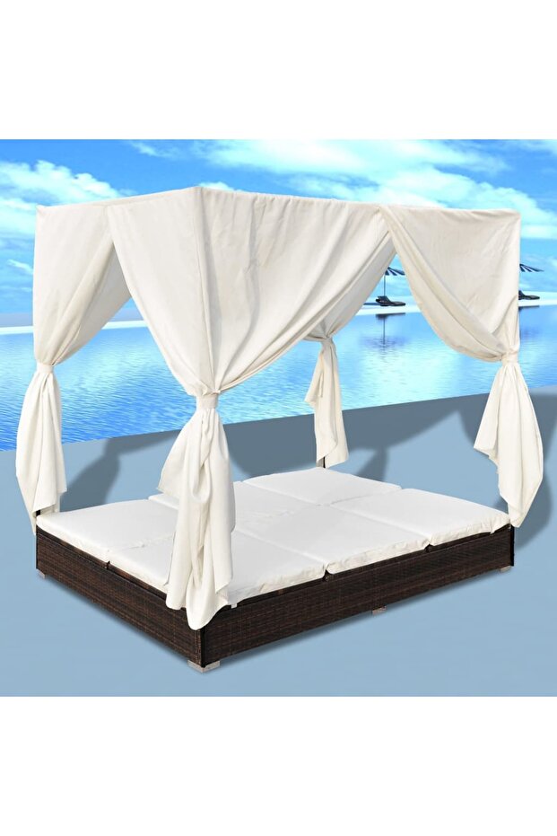 Outdoor Lounge Bed with Curtains Poly Rattan Brown