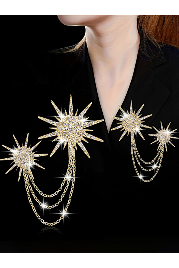Gold Starburst Brooch with Chains