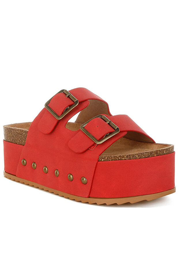 Women Studded Faux Leather Slip Ons in Red